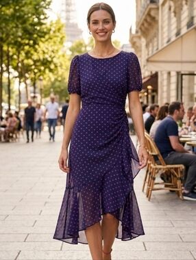 Laura Women's Feminine Navy & Pink Poka Dot Ruffle Asymmetrical Dress Size 4/S